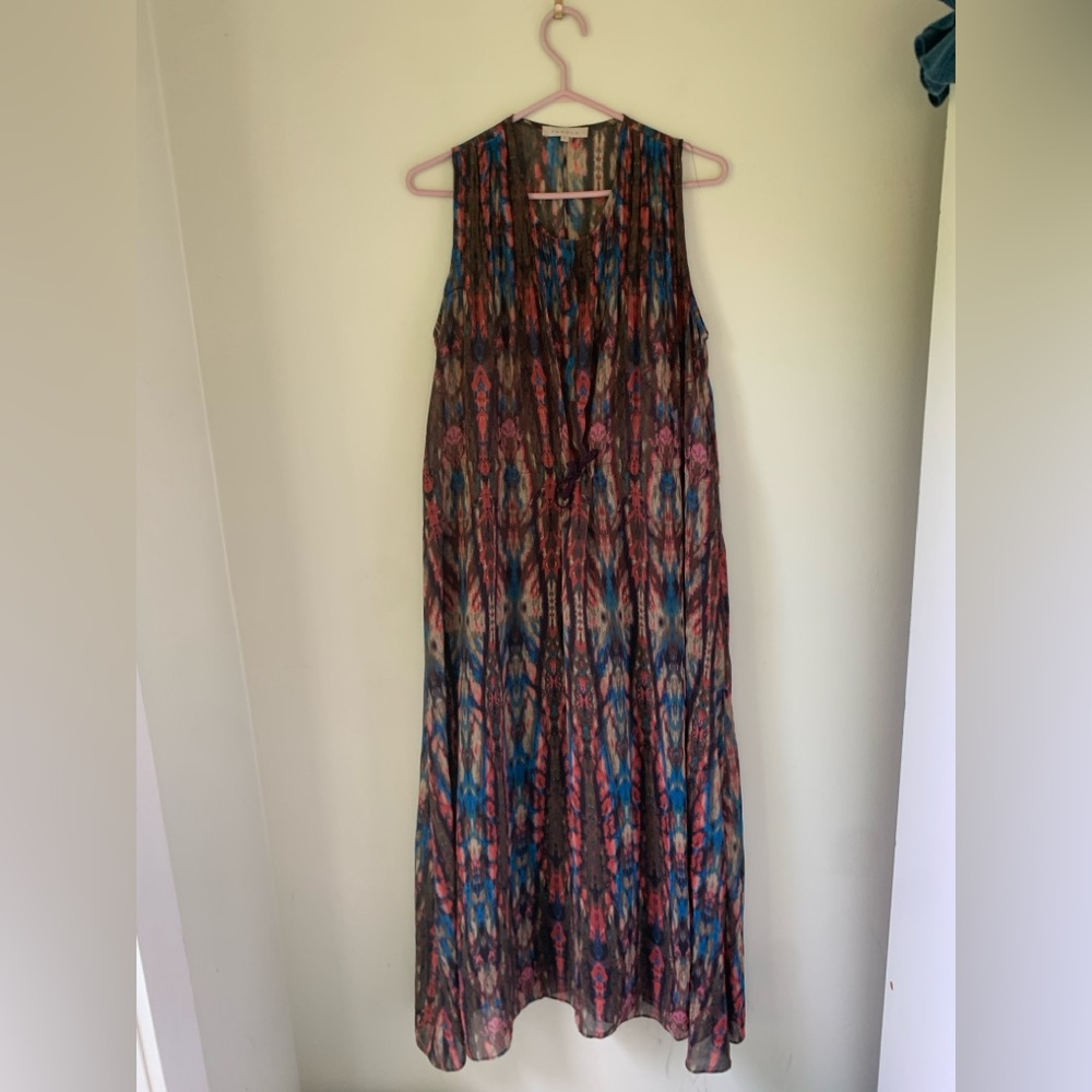 Sandro Red and Blue Smocked Maxi Sundress Patterned